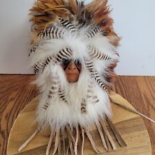 Native American Spirit Mask/Feathers/White Fur/Leather/Wall Hanging Hand Painted picture
