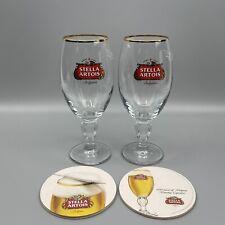 2 Stella Artois 33cl (12oz) Belgian Gold Rimmed Chalices With 6 Coasters (2015) picture