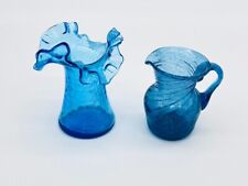 Lot of 2 Vintage KANAWHA Blue Swirl Crackle Glass Ewer Creamer Vase Ruffled Edge picture