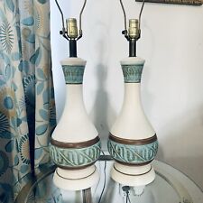 Vintage Set Mid Century Modern Pottery Table Lamps White Blue and Brown Band picture