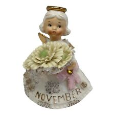 Vintage Lefton Porcelain Birthday Angel November  #489 Mums Topaz   4.25” Tall picture