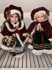 Pair of 16” Vintage porcain dolls Christmas Velvet dress / Hat Soft Body picture