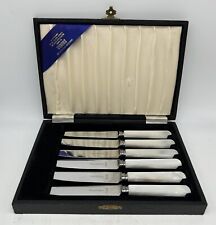Vintage Viners of Sheffield 6 Mother of Pearl Stainless Steak Knives, England picture