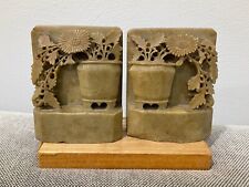 Vintage Antique Chinese Soapstone Carved Pair of Bookends w/ Vase & Flowers Dec. picture