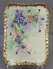 Limoges Hand Painted Artist Signed Violet Flowers & Gold Small Dresser Tray  picture