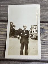 Vintage Black And White Photo Old Man Suit Standing Downtown Buildings July 1930 picture