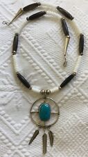 Vintage Tony Aguilar Sterling Silver Turquoise Feather Medicine Wheel Necklace picture