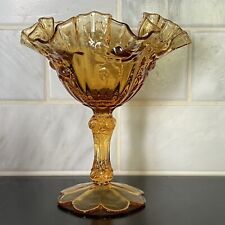 Vintage Fenton Amber Glass Cabbage Rose Ruffled Pedestal Compote Candy Dish picture