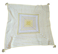 Hand Knit Crochet Afghan Lap Throw Blanket Vintage Yellow White Tassels picture