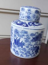 Vintage Blue and White Koi Fish, Plant Floral Ginger Jar Tea Caddy Chinoiserie picture
