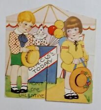 Circus Tent Valentine w/ Boy & Girl Clown Vintage 1930s Folding Stand-Up Card picture