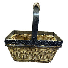 Woven Wood Basket Metal Engraved Rope Weave Pattern Top Handle Cottagecore picture