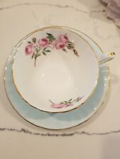Vintage Aynsley Pale Blue Teacup & Saucer With Pink Cabbage Rose Interior.... picture