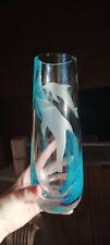 Vintage Etched Glass Dolphin Blue Swirl Infused Vase 9 in picture