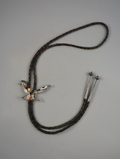 Vtg Zuni Indian Silver Inlaid Bolo Tie - Roadrunner - Shell Coral Onyx - 2 3/4