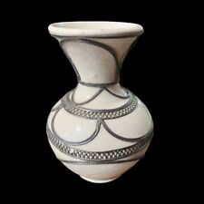Moroccan Vintage Pottery Vase With Metal Trim Cream Ceramic Morocco picture