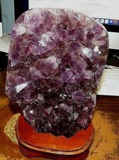 LG. AMETHYST  CRYSTAL CLUSTER  GEODE F/ BRAZIL CATHEDRAL WOOD  STAND  picture