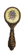Vintage Hand Held Travel Vanity Mirror Pierced Brass With Embroidery Back picture