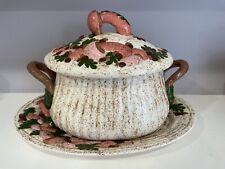 VTG Holland Mold Retro Mushroom Soup Tureen Crock W/ Plate - Pink/Brown/Cream picture