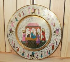 Vintage Asian hand made ornatel wall hanging enamel brass plate picture