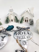 22 Christmas ornaments Cottages Angels Blue white metal plastic Country lot picture