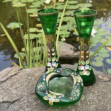 RARE Bohemian Emerald Green Gold Enameled Glass Vase Holy Water Font  ❤️blt39j4 picture