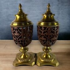 Set of 2 Solid Brass Cast Iron Lidded Incense Candle Holders 16” in Pair Vintage picture