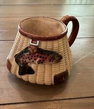Vintage 3D Ceramic Fisherman's Wicker Creel Coffee Basket Mug Trout Fly Fish picture
