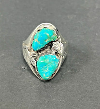 Vintage Horace Iule Zuni Ring 925 Sterling Turquoise with leaves Size 11.5 Heavy picture
