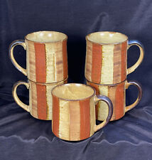 5 Vtg Stoneware Tri-coLor Striped Drip Matte/ Glossy Glazed Coffee Mugs A2 picture