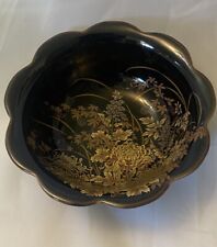 Shibata Japan Tenmoku-Kiku Black Gold Floral Bowl Scalloped Edge Vintage picture