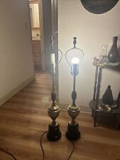 Pair Vintage Stiffel Aged Brass & Black Enamel Urn & Pineapple Tall Table Lamps picture
