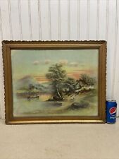 Vtg Antique 1903 Litho Print Art Country Cabin Mountains Lake Frame Signed picture