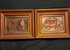 2 Mid Century Modern 1960 Copper Stage Coach & Steam Engine Framed Wall Art Pair picture