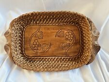 Woven Wicker Bread Basket w/ Carved Wood Bottom Wood Handles Farmhouse Vintage picture