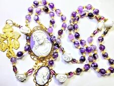 Victorian Style Genuine Amethyst Bead White Roses Passion of Jesus Cameo Rosary picture