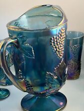 Indiana Carnival Glass Blue Harvest Grape Pitcher w/ 8 Goblets & 7 Tumblers picture