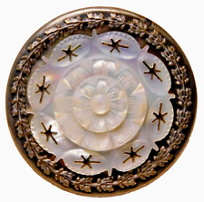 Large Antique Pierced & Carved Pearl Shell BUTTON in Ornate Brass NICE 1&7/16 picture