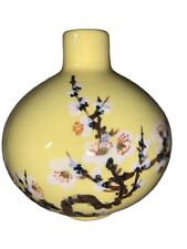 Vintage Yellow Japanese Flower Vase Nihon Hand Painted Pink Cherry Tree Signed picture