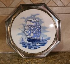 VINTAGE WALLACE SILVER SAILING SHIP TILE TRIVET W/SILVERPLATE OCTAGONAL FRAME picture