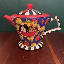 Catzilla Teapot Cats Roses Red White Black Blue Candace Reiter 2005 Henriksen picture