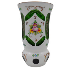 Vintage Arcadia Bohemian Czech White Cut to Green Hand Painted Florals Vase picture