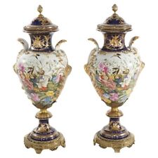 Pair of Monumental Sevres Hand Painted & Gilt Porcelain Garden Urns 20thC picture