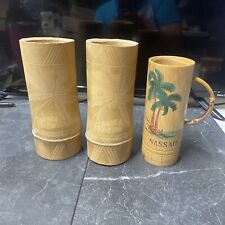 Vintage Hand Carved Tall Bamboo Tiki Cups  Vase Palm Tree Island Barware Decor picture