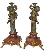 PAIR antique French spelter metal putti cherub candle holders marble base rare picture