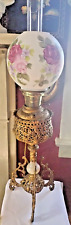 Antique Victorian Parlor Lamp GWTW Brass Onyx Tripod Base Roses Electrified picture
