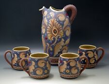 SANTUCCI  DERUTA POTTERY ITALY PEACOCK FEATHER PITCHER AND MUGS SET VINTAGE picture