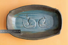 MID CENTURY PAIR OF CATS POTTERY DISH VTG 50S 60S ART BOWL ORIG TRAY BLUE GREEN picture