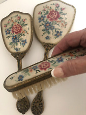 Vtg 3 Pc DRESSER SET Mirror Brush Hand Stitched Floral FANCY GOLD FILIGREE picture