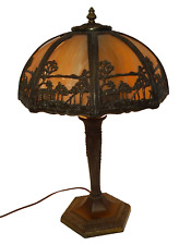 Antique Art Nouveau Arts & Crafts Slag Glass Scenic Panel Table Lamp picture